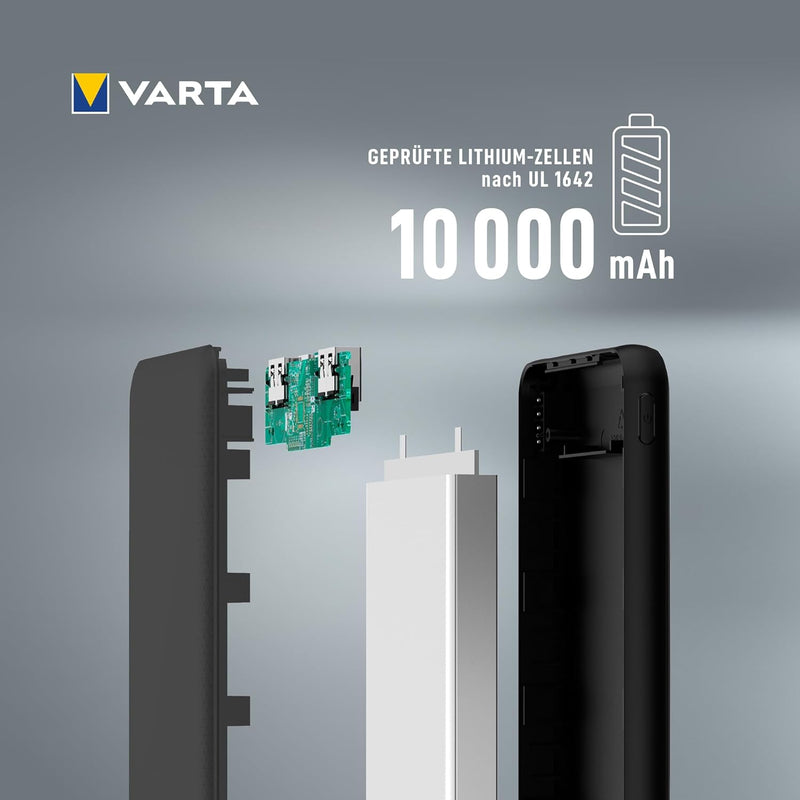 VARTA Power Bank 10000mAh, Powerbank Power on Demand mit 4 Anschlüssen (1x Micro USB, 2x USB A, 1x U