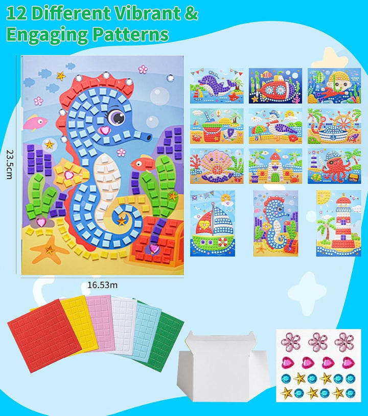 12 Stück Mosaik Bastelset für Kinder, Klebebilder Basteln Frühling DIY Mosaike Aufkleber, Sticky Mos