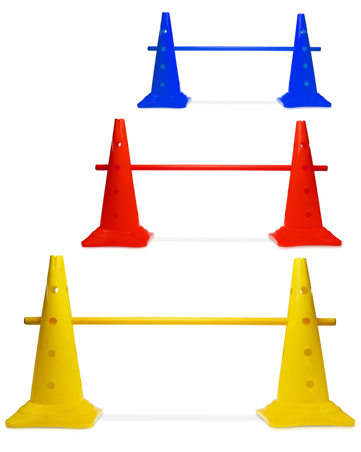 Kegel-Hürde 50 mit 100cm Stangen – 3er-Set – Gelb/Rot/Blau – Steckhürden für Agility Teamsport – Fle
