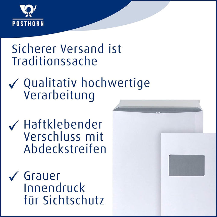 POSTHORN Versandtasche C4 (324x229x1mm) haftklebend mit Fenster 100g weiss FSC 250 Stück