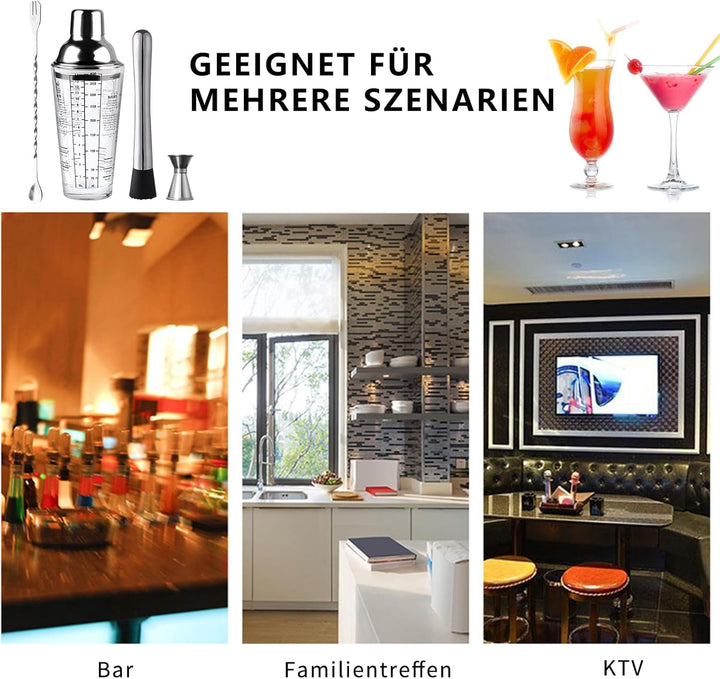 Cocktail Shaker, 400ml Professional Glas Cocktail Set, Cocktailshaker Zubehör Messbecher Coctail Mix