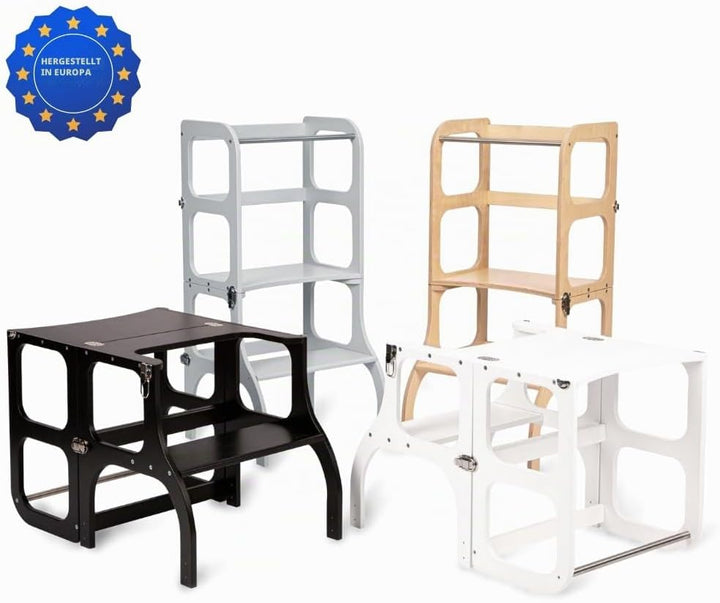 Klappbarer Lernturm mit Sitzfunktion, 45 cm Stehhöhe, Step’n’Sit, Lernturm mit Sitz und Tisch umklap