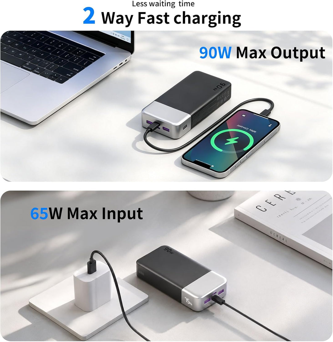 NOBIS 90W 20.000 mAh Powerbank, Tragbarer Laptop-Ladegerät mit 4 Anschlüssen, PD Schnellladung, Digi