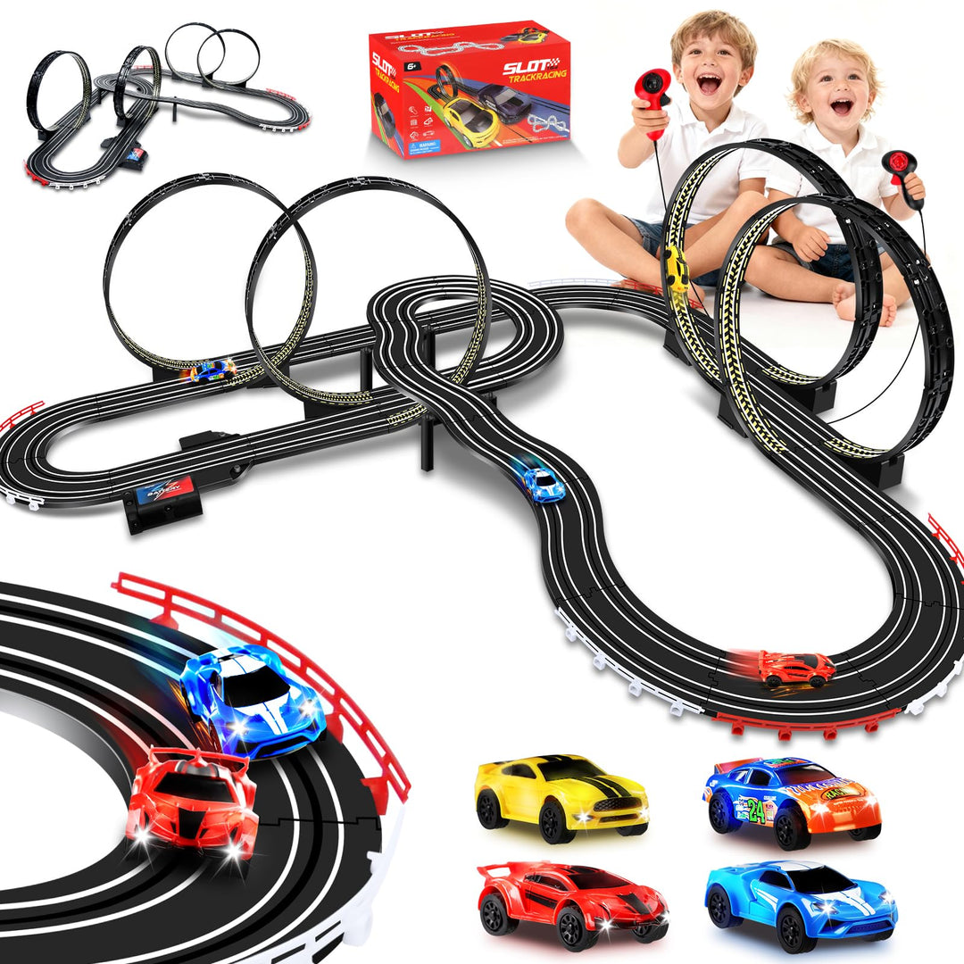 YOOHBERRYS Autorennbahn Rennbahn Kinder, 1:64 Autobahn USB Elektrische Rennstrecke mit 4 LED Slotcar