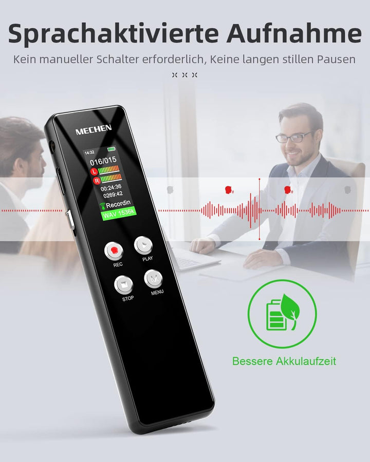 MECHEN 64GB Diktiergerät, EIN-klick HD-Aufnahme (1536kbps), VOR Sprachrekorder, Autom. Rauschunterdr