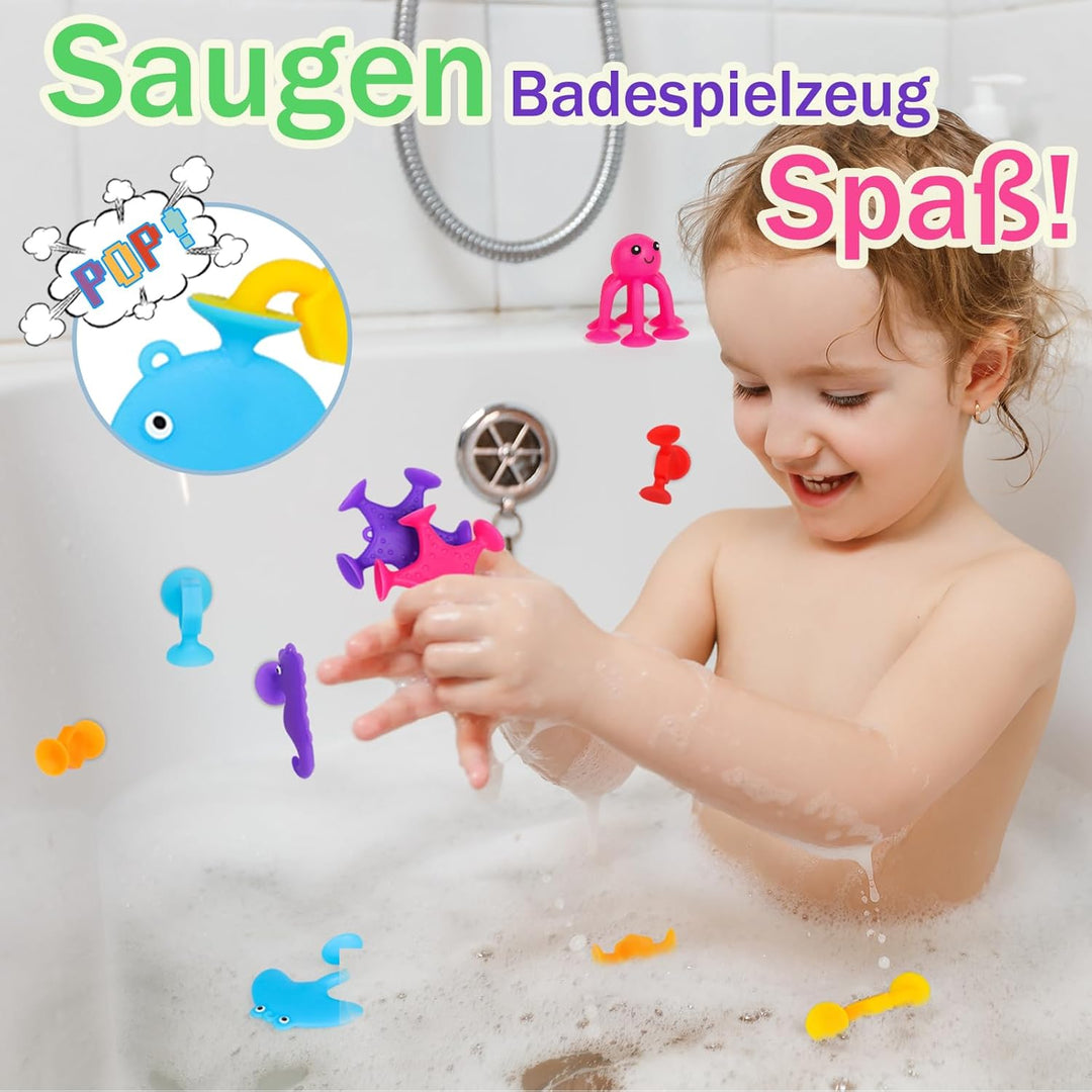 Saugnapf Spielzeug, 50 Stück Sensorik Silikonbausteine Saugspielzeug, Badespielzeug Baby ab 3 Jahre