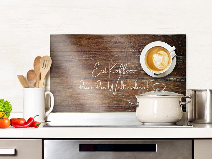 GRAZDesign Spritzschutz Küchenrückwand Glas Küche für Herd & Küchenspüle, Kaffee Holz braun Spruch -