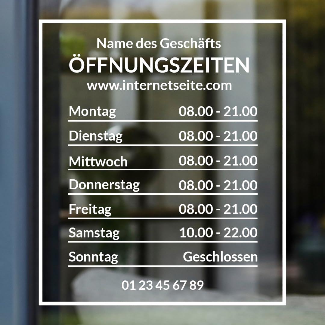 Öffnungszeiten Aufkleber für Schaufenster, personalisierbar (Design 1), Design 1