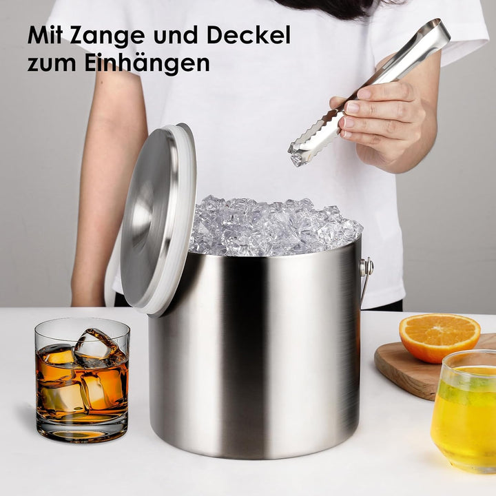 Edelstahl Eisbehälter 3L mit luftdichtem Deckel,Sieb und Eiszange,Eiswürfelbehälter doppelwandiger,