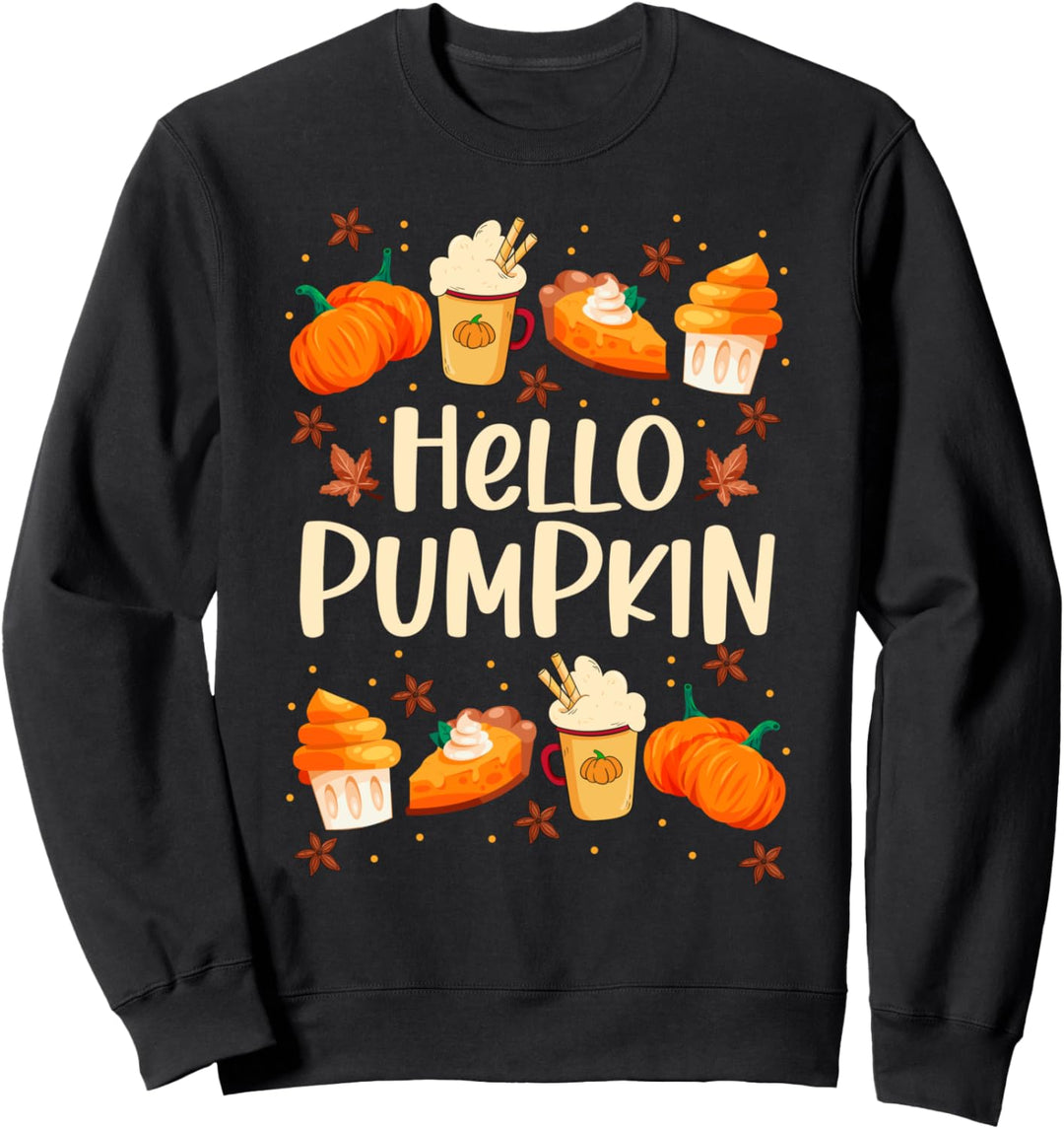 Hello Autumn Fall Pumpkin Spice Coffee Latte Leaves Pullover Sweatshirt