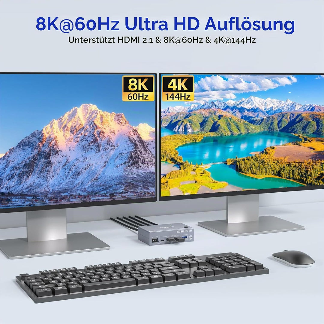 USB 3.0 HDMI KVM Switch 2 PC 2 Monitore mit EDID, 8K@60Hz &amp; 4K@144Hz, Dual Monitor KVM Switch Share