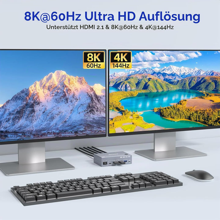 USB 3.0 HDMI KVM Switch 2 PC 2 Monitore mit EDID, 8K@60Hz &amp; 4K@144Hz, Dual Monitor KVM Switch Share