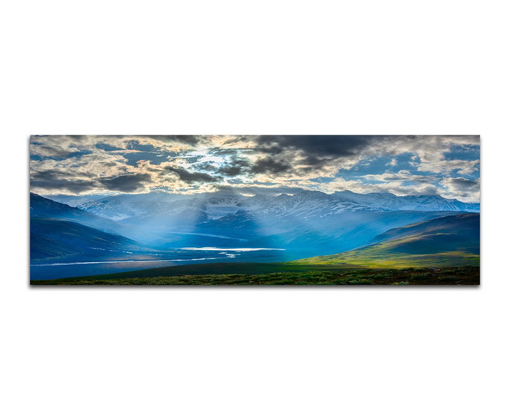 Paul Sinus Art Panoramabild auf Leinwand und Keilrahmen 150x50cm Himalaya Berge Fluss Wiesen Sonnena