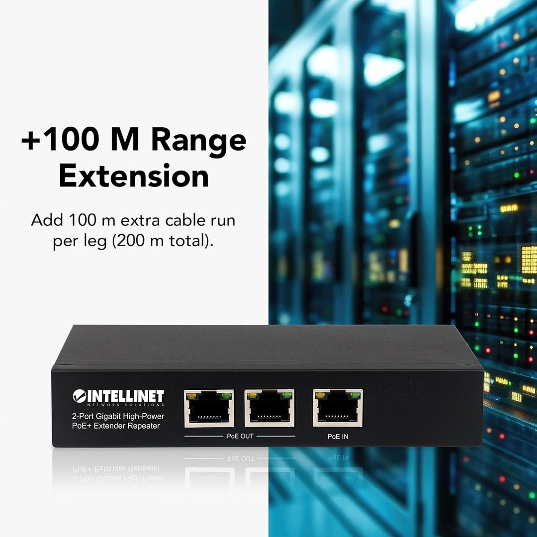 Intellinet 561266 2-Port Gigabit High-Power PoE+ Extender, 2 PSE-Ports Metall Schwarz PoE+ Extender