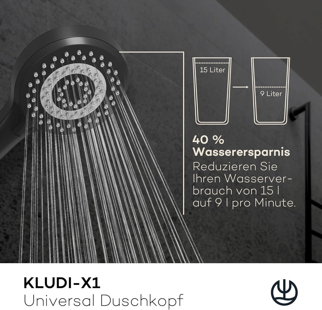 KLUDI-X1 Universal Duschkopf wassersparend als Option, Duschbrause mit 3 Strahlarten (Body, Hair, Sk