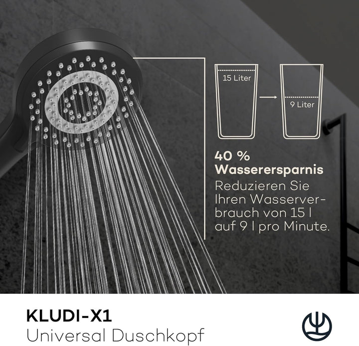 KLUDI-X1 Universal Duschkopf wassersparend als Option, Duschbrause mit 3 Strahlarten (Body, Hair, Sk