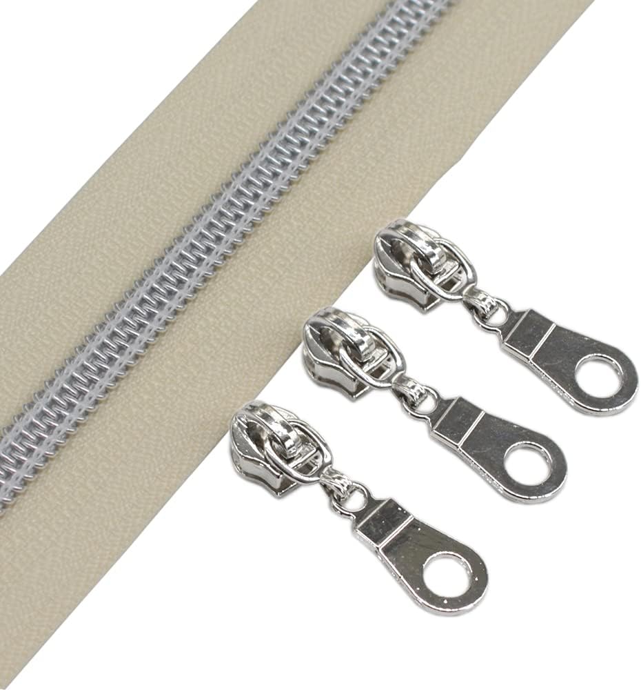 YaHoGa 9 m silberfarben endlos Reissverschluss Meterware Beige Reissverschluss 6mm-Spirale + 25 Nonl