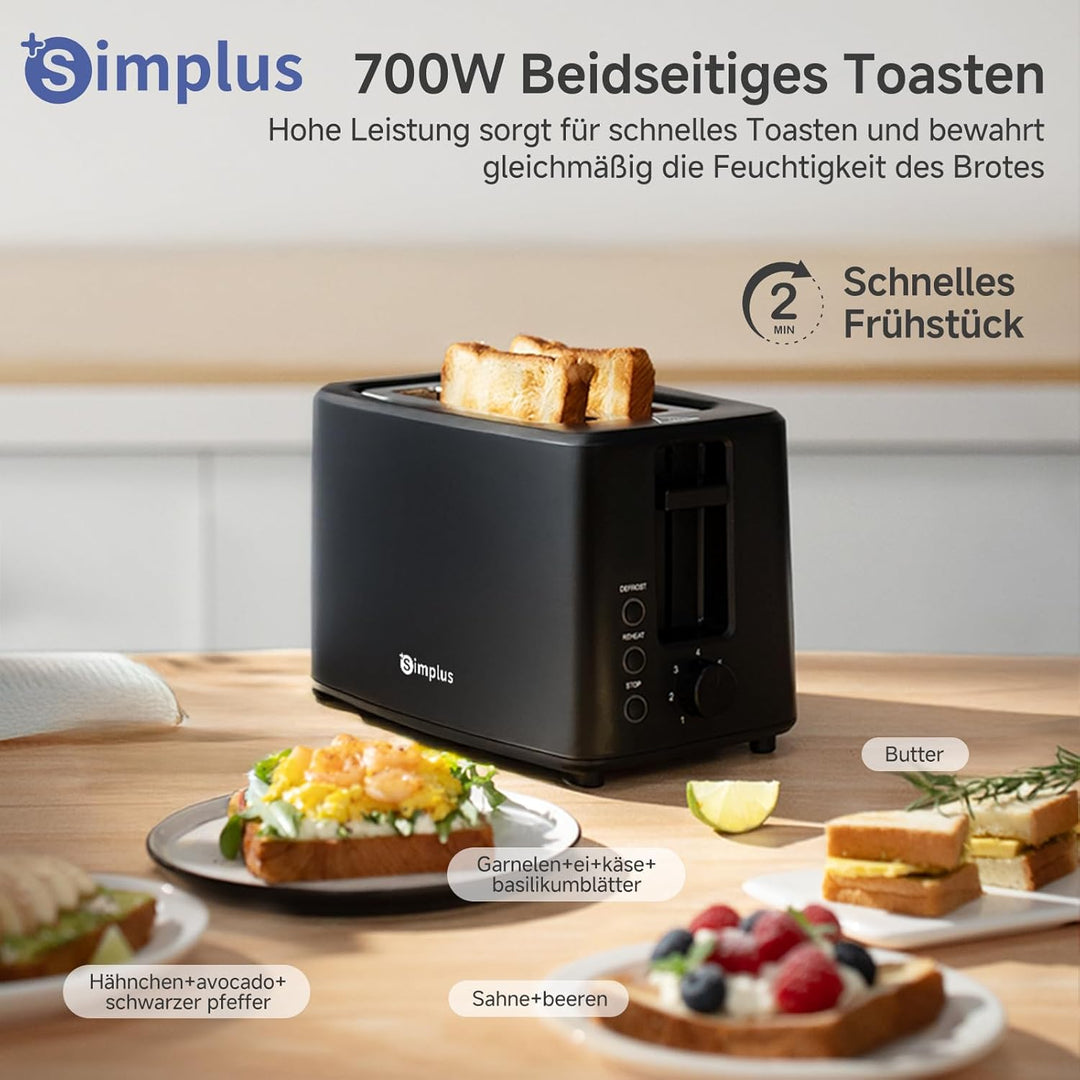SIMPLUS Toaster 2 Toastschlitze, 7 Bräunungsstufen, Auftau- & Aufwärmfunktion, Brötchenaufsatz, extr