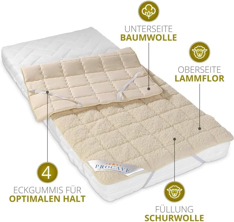 PROCAVE weiches Unterbett mit Lammflor und Schurwolle. hochwertige Matratzen-Topper. Matratzen-Schon