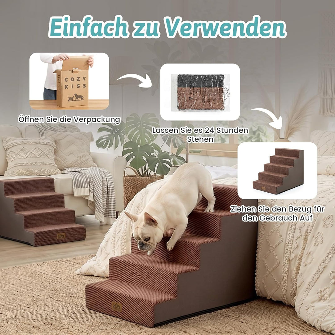 COZY KISS Hundetreppe für Kleine Hunde, 5 Stufen Breiter Haustiertreppe für Bett Couch Auto, 60cm Ho