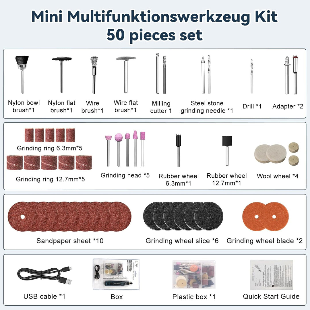 Elektrischer Gravierstift mit 50 Bits, 3-Gang Einstellbar Bis Zu 15.000 U/min, Wiederaufladbare USB-