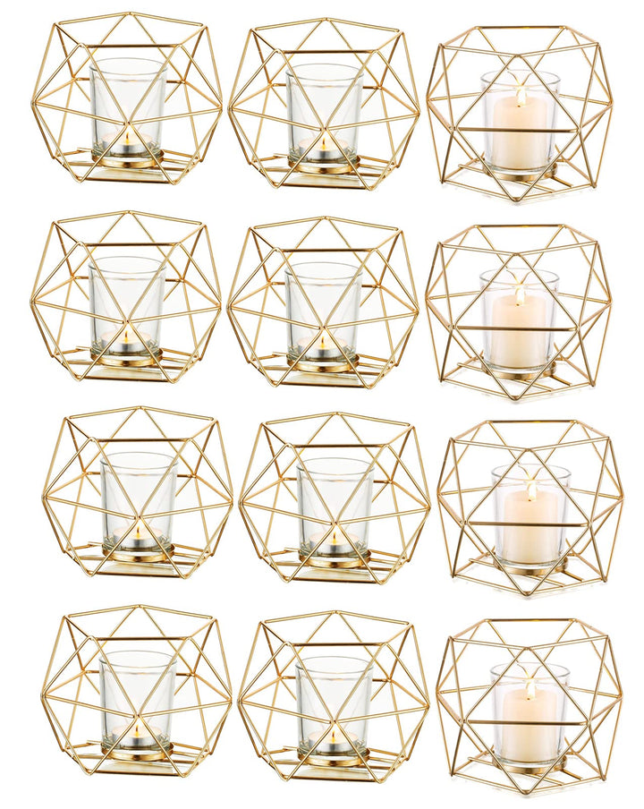 Hewory Teelichthalter Gold Geometrische Metall: 12er Set Teelichthalter Glas Windlicht Goldene Tisch