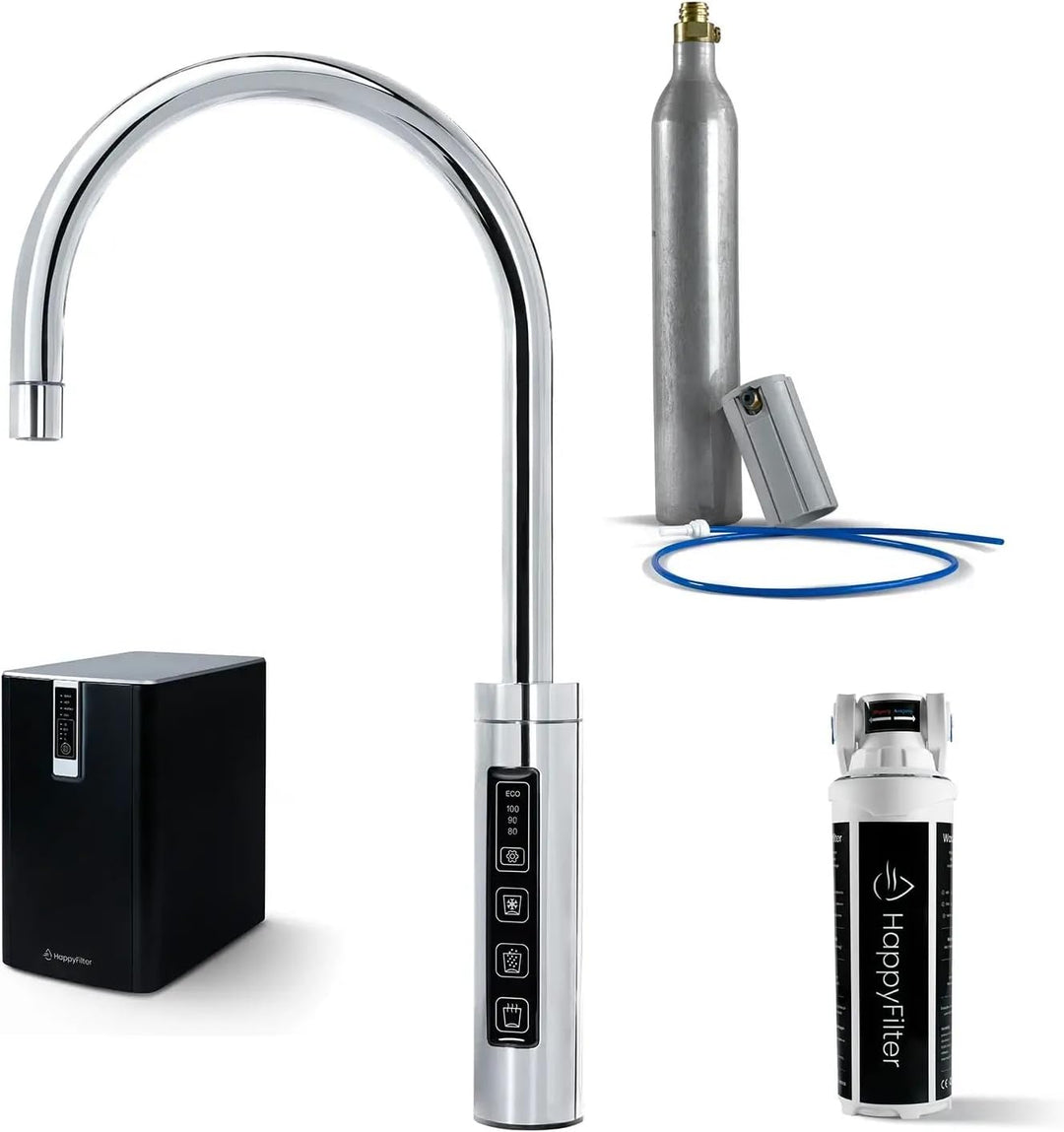 HappyFilter FizzRed Wassersprudler Wasserkocher | gekühlt | gesprudelt | kochend| 3in1 Touch Chrom W