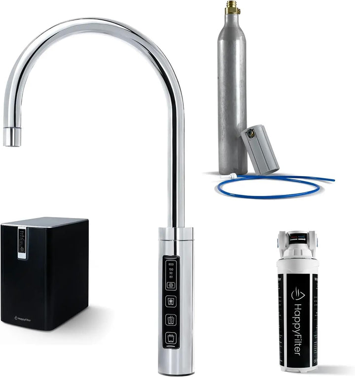 HappyFilter FizzRed Wassersprudler Wasserkocher | gekühlt | gesprudelt | kochend| 3in1 Touch Chrom W