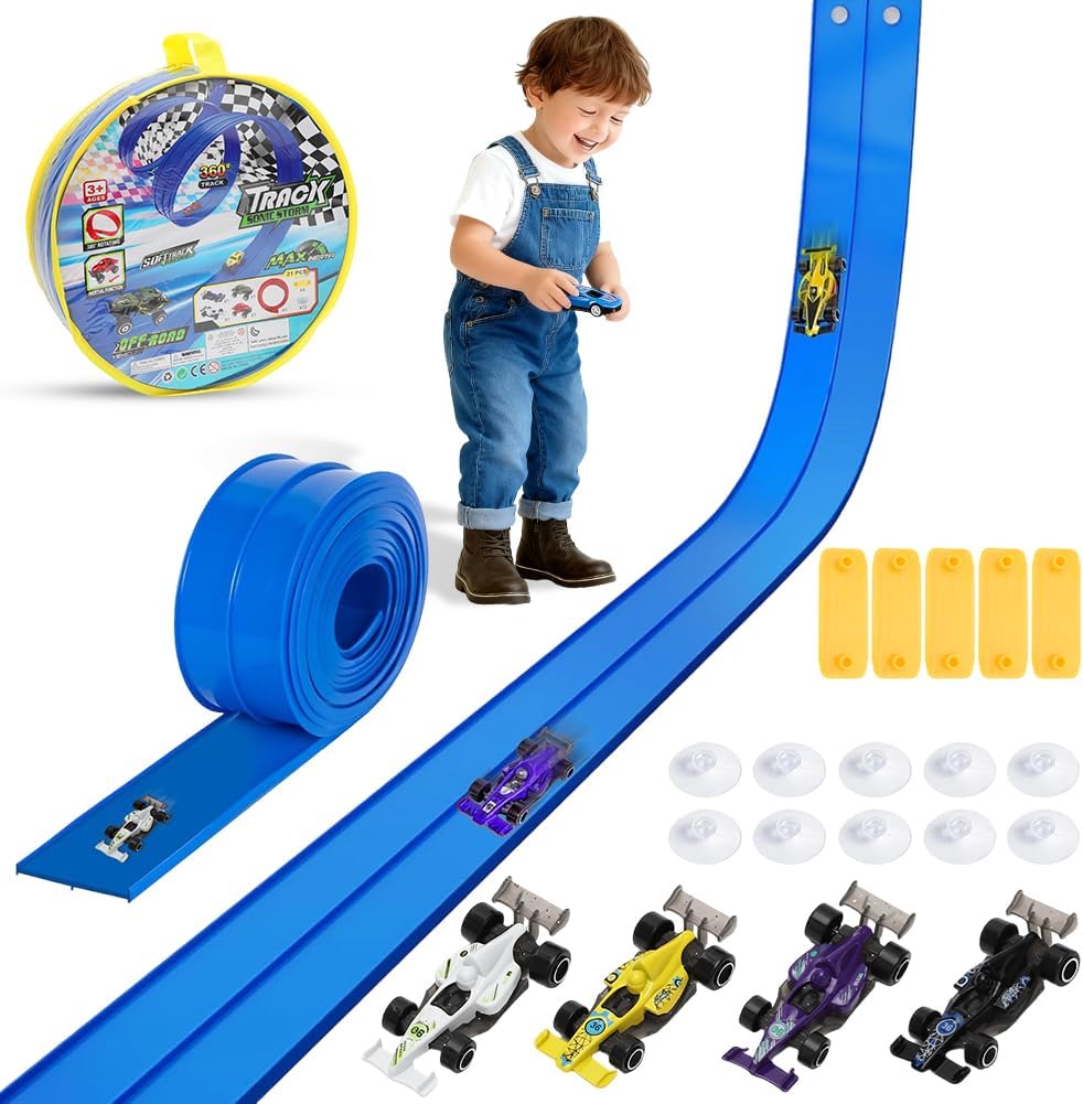 Flexible Autorennbahn mit 4 Autos – 5M Tragbare Rennstrecke & Rampen für Kinder – Auto Rennbahn Spie