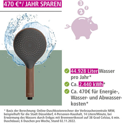 WENKO Duschkopf Watersaving Wood, wassersparende Handbrause in edler Holz-Optik aus Kunststoff, spar