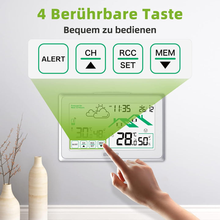BALDR Wetterstation Funk mit Aussensensor, Digital DCF-Funkuhr mit Wettervorhersage, Lüftungsempfehl