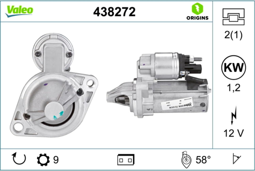 VALEO 438272 Starter Nennleistung: 1,2 kW Stop & Start: NO Zähnezahl: 9 zähne Spannung: 12 V Drehric