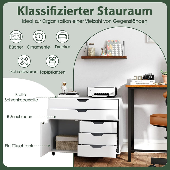 COSTWAY Rollcontainer mit 5 Schubladen Weiss, mobiler Aktenschrank mit Rollen & Tür, Schubladenschra