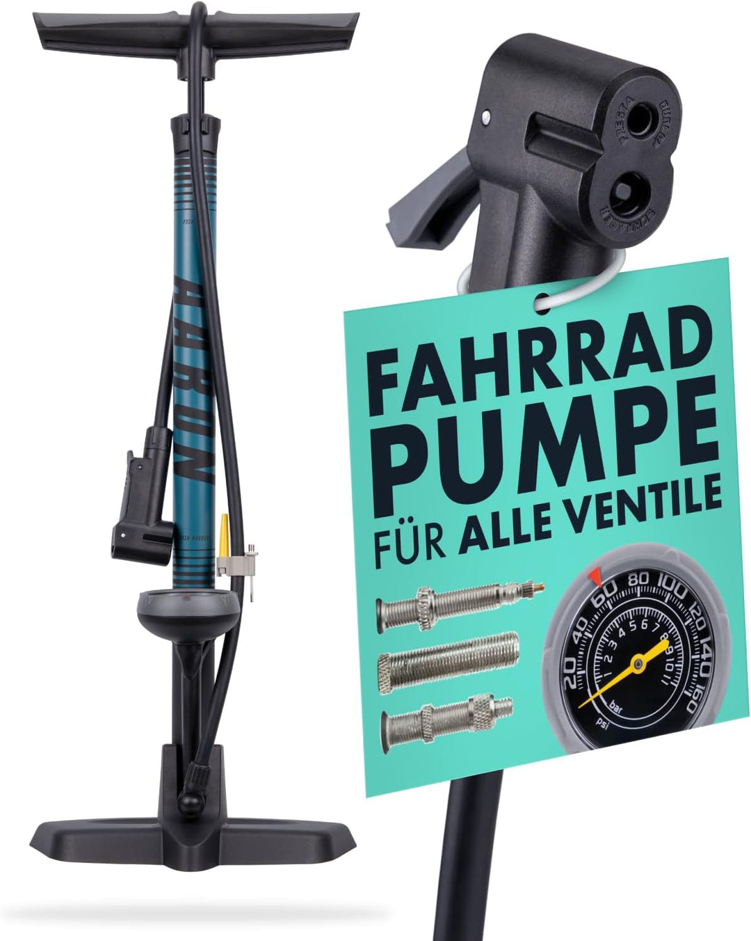 AARON Sport One Fahrrad Standpumpe mit Manometer für alle Ventile | Hochdruck Fahrradpumpe inkl. Bal