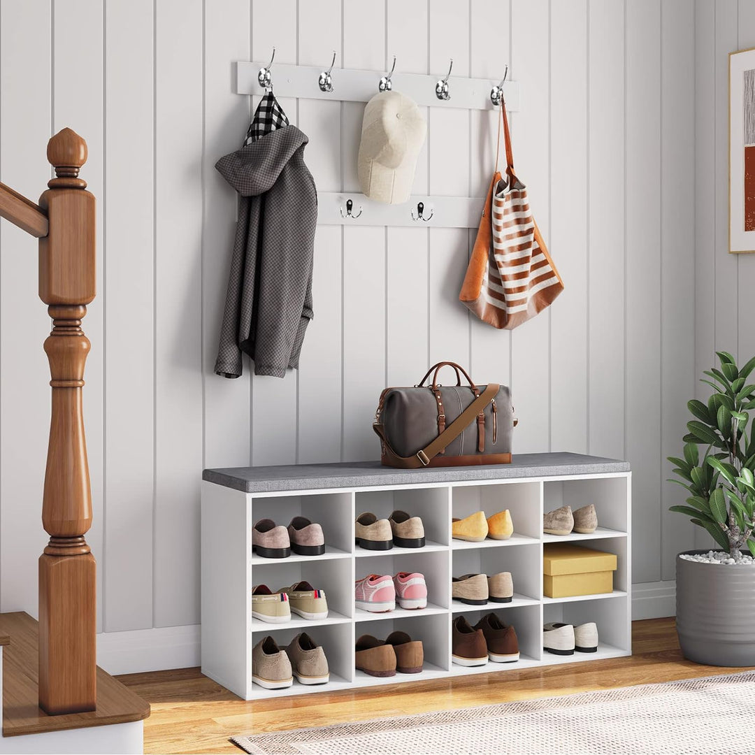 HOOBRO Garderobe Schuhregal Set, Schuhbank mit 12 Fächern, Schuhregal mit gepolsterter Sitzbank, Wan