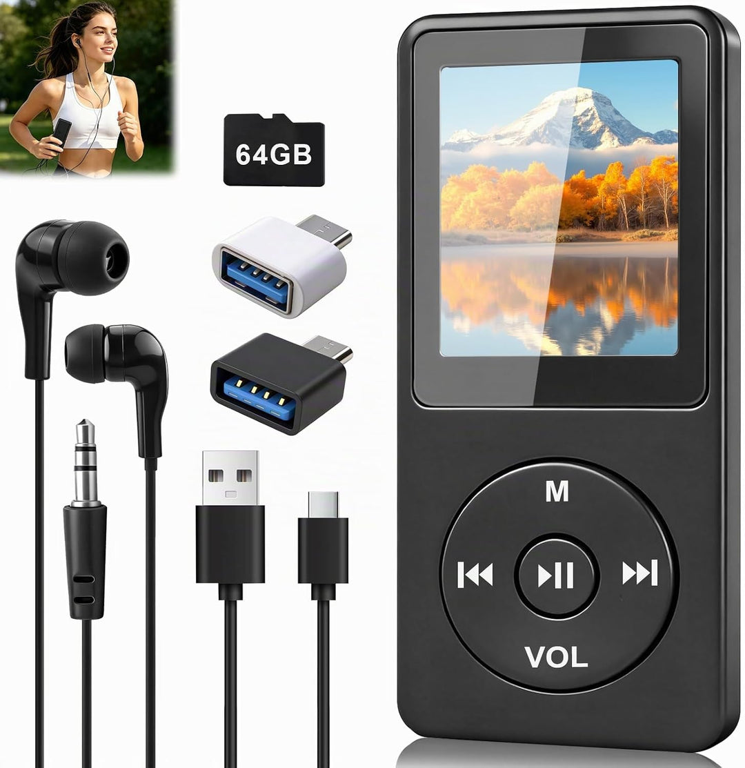 MP3 Player Bluetooth 5.3 64 GB mit 1,8 Zoll TFT Farbdisplay, HiFi Musik Player mit Lautsprecher, Kop