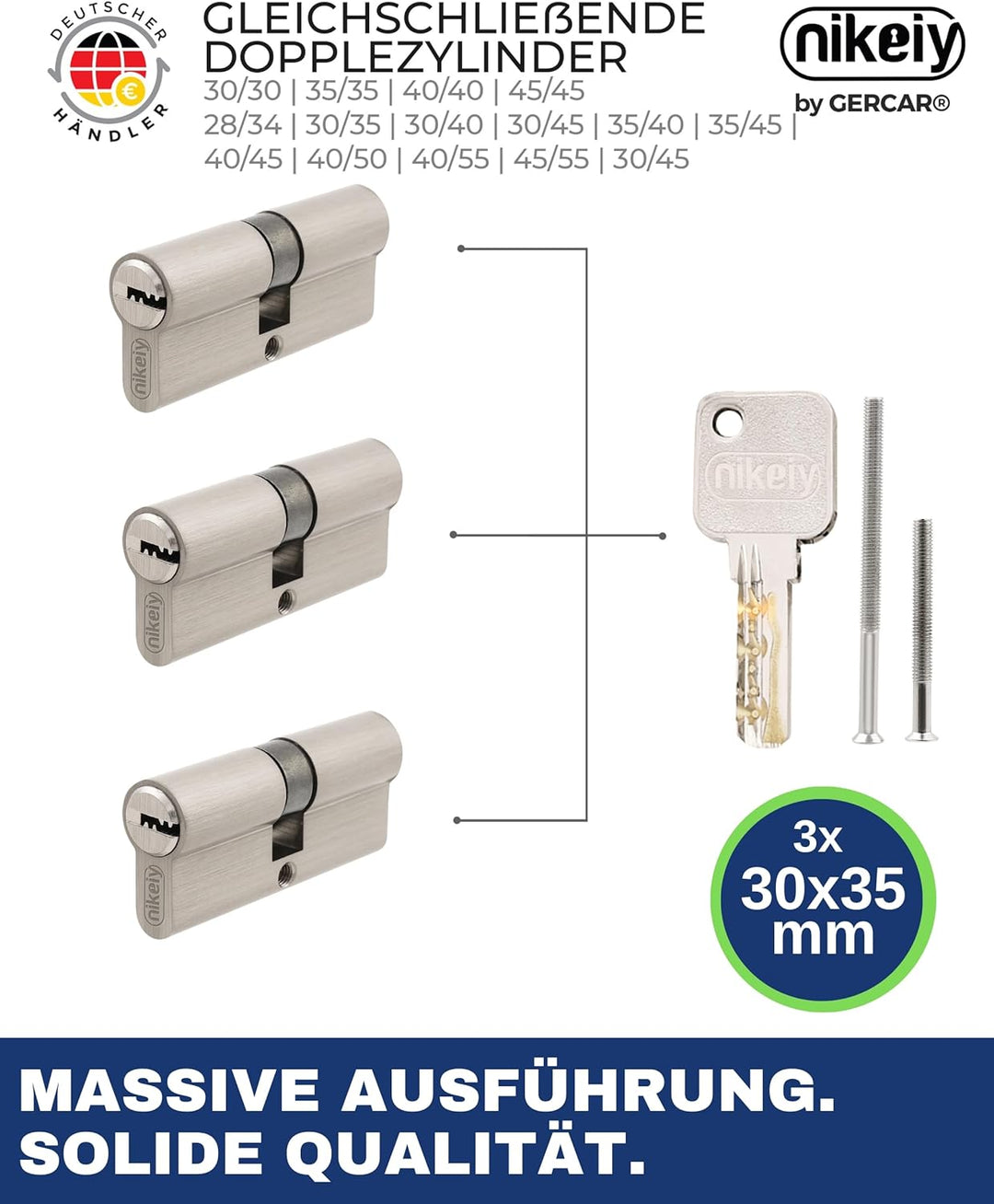 GERCAR Pro Profilzylinder 30/35 Massiver Schliesszylinder gleichschliessend 3er Set Doppelzylinder Z