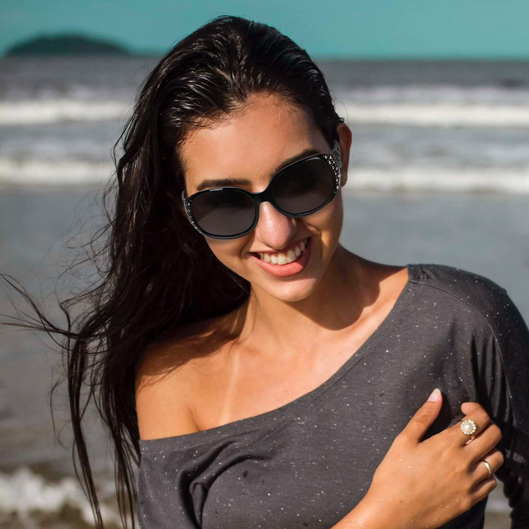 LVIOE Polarisiert Sonnenbrille Damen Gross Schwarz, Klassisch Vintage Sonnenbrille Grosse gläser mit