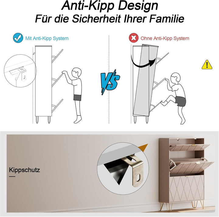 UEV Schuhschrank mit 2 Klappen, 80 x 24 x 120 cm für 16 Paar Schuhe Schuhkommode schmal, Schuhregal