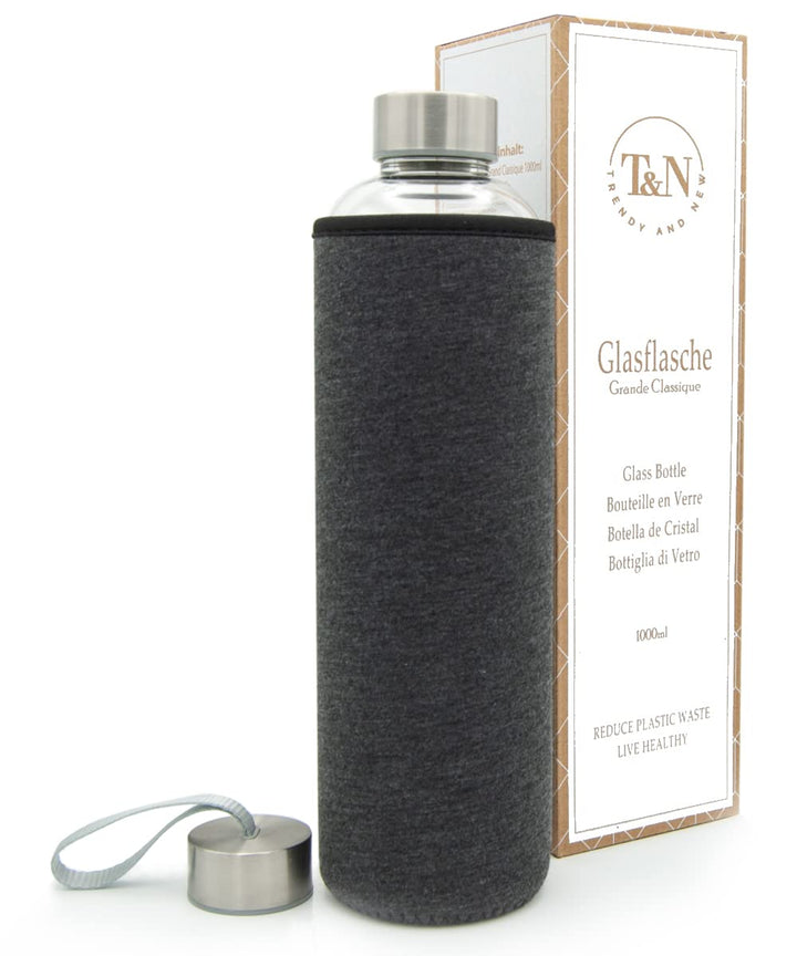 T&N Glasflasche 1 Liter / 750ml / 500ml – Trinkflasche Glas 1l mit Neoprenhülle – Wasserflasche Ausl