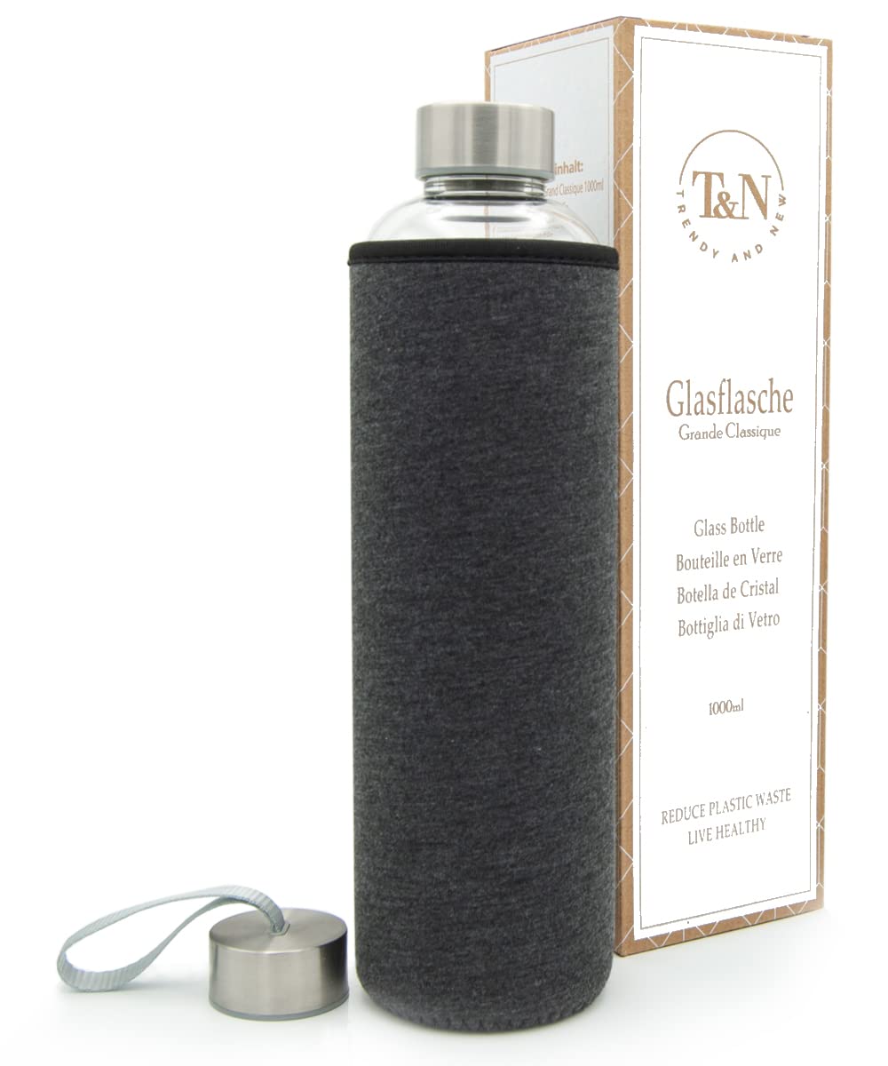 T&N Glasflasche 1 Liter / 750ml / 500ml – Trinkflasche Glas 1l mit Neoprenhülle – Wasserflasche Ausl