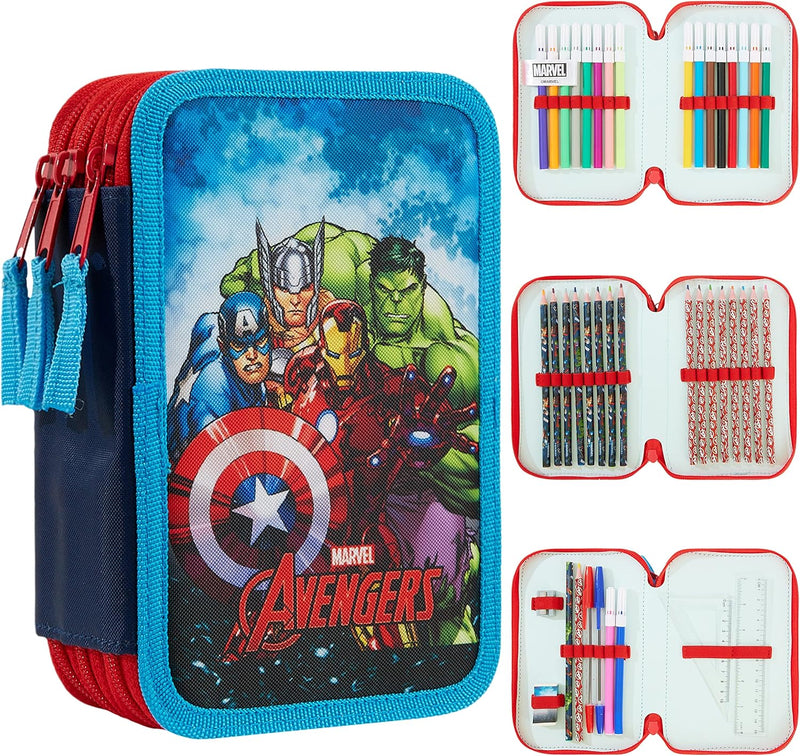 Marvel Federmäppchen für Jungen, Federmäppchen, Fächer, gefüllt, für Schule, Filz, Buntstift, Gesche