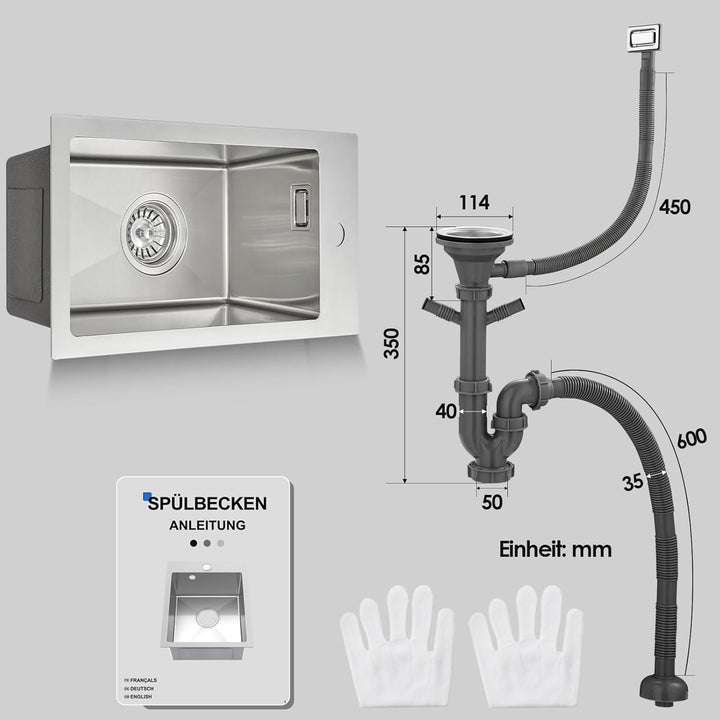ROVOGO Küchenspüle 50 x 28 cm Edelstahl 304 Gebürstet, Spülbecken Küche mit Armaturloch, Ablaufgarni