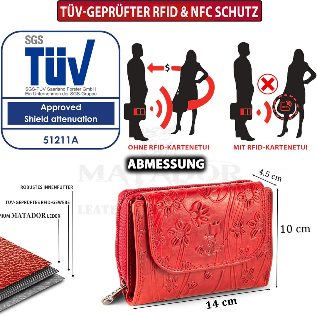 MATADOR Geldbörse Damen Rot Leder #Murcia mit edler Geschenkbox, Elegante Geldbörse Damen Mittelgros