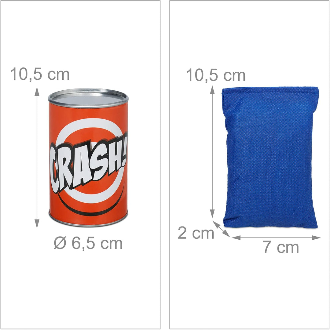 Relaxdays Dosenwerfen für Kinder, Büchsenwerfen Garten, 10 Blechdosen & 3 Säcke, Wurfspiel für Kinde