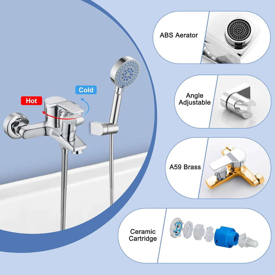 Badewannenarmatur mit Handbrause, Messing Mischbatterie Badewanne mit 5 Funktionen, Aufputz Wannenar