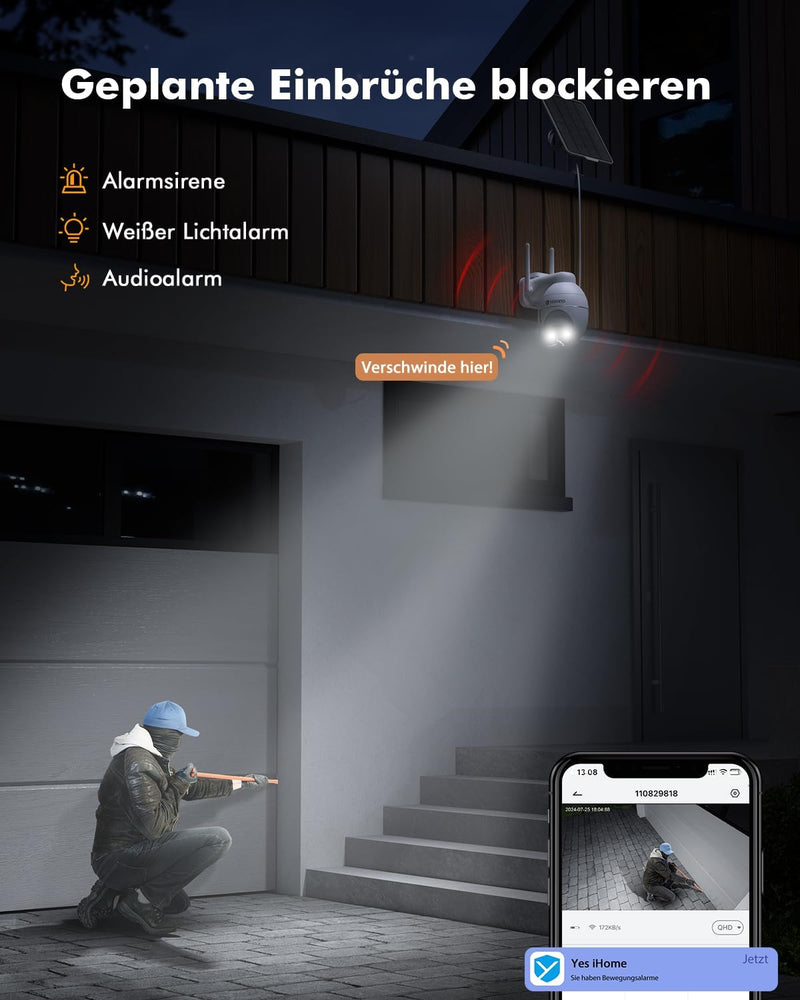 YESKANO Überwachungskamera Aussen Solar, 2K Kamera Outdoor mit 360°-Überwachung, Wlan Kamera Akku, F