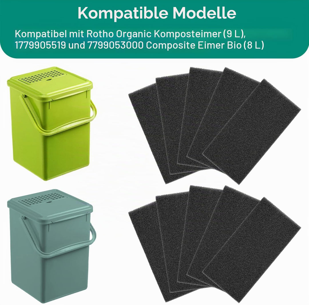 10 Stück Aktivkohle-Ersatzfilterset Kompatibel mit Rotho Bio-Kompostbehälter (9 Liter), 1779905519 u