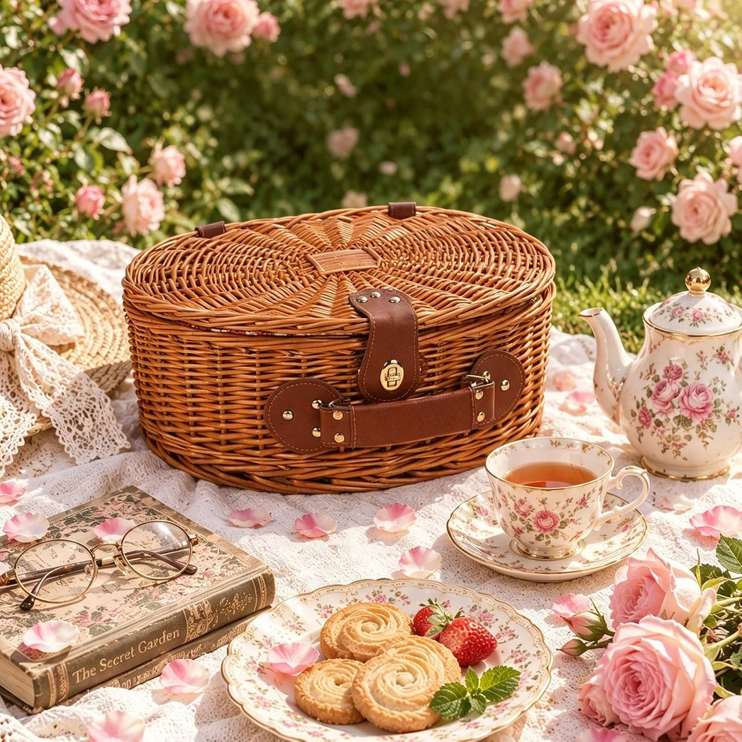 Picknickkorb-Set für 2 mit Kühlfach, Weinbeutel und Besteck Rose 40×28×17cm, Rose 40×28×17cm
