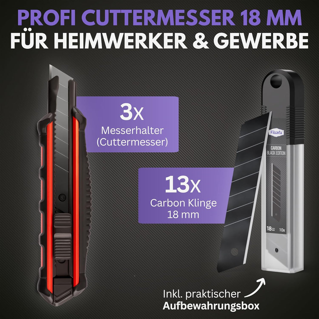 Filzada ® 3x Cuttermesser Profi inkl. 13x Carbonstahl Klingen BLACK - Cuttermesser 18mm - Robustes T